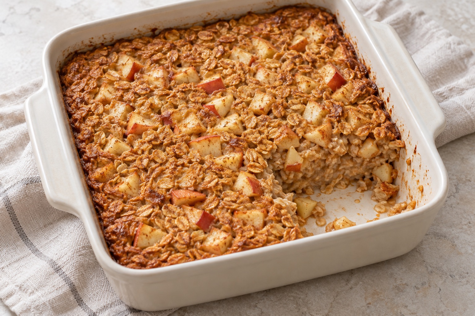 Illustration of apple cinnamon baked oatmeal in a square dish with one serving removed.