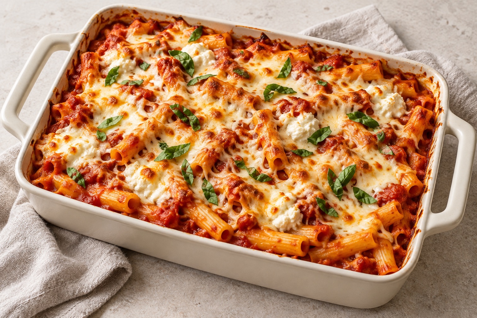 Illustration of baked ziti with marinara, ricotta, melted mozzarella and basil.