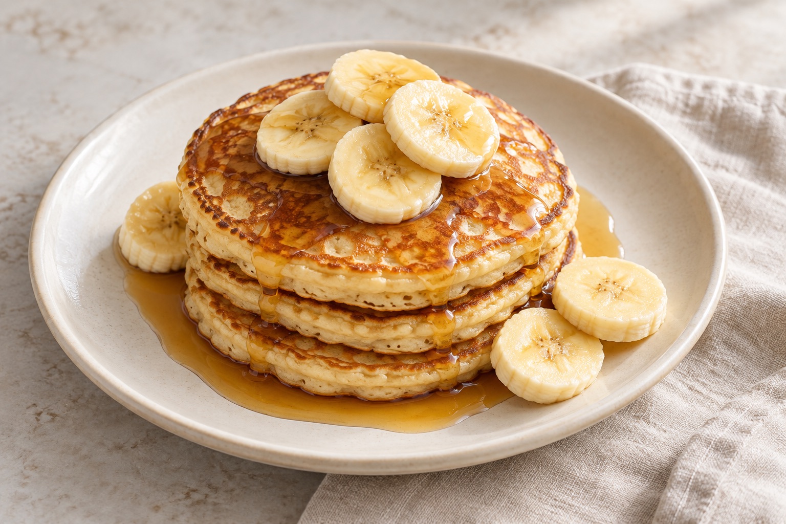 Illustration of golden banana pancakes topped with banana slices and maple syrup.