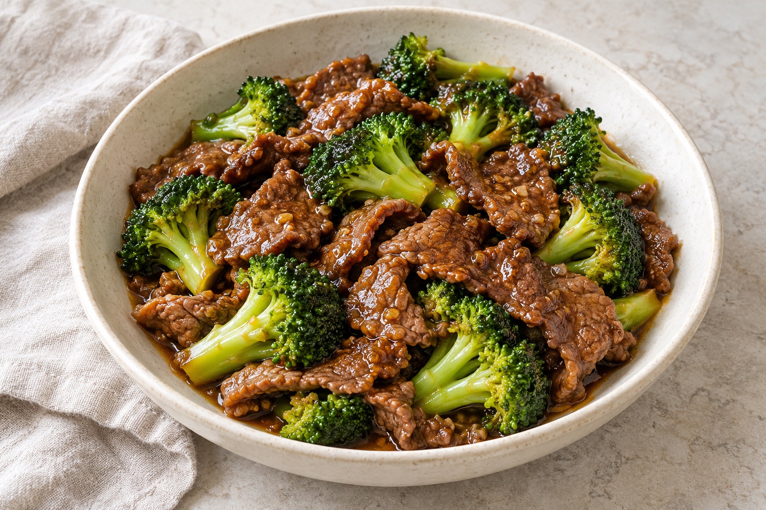 Illustration of sliced beef and broccoli in a glossy garlic ginger sauce.