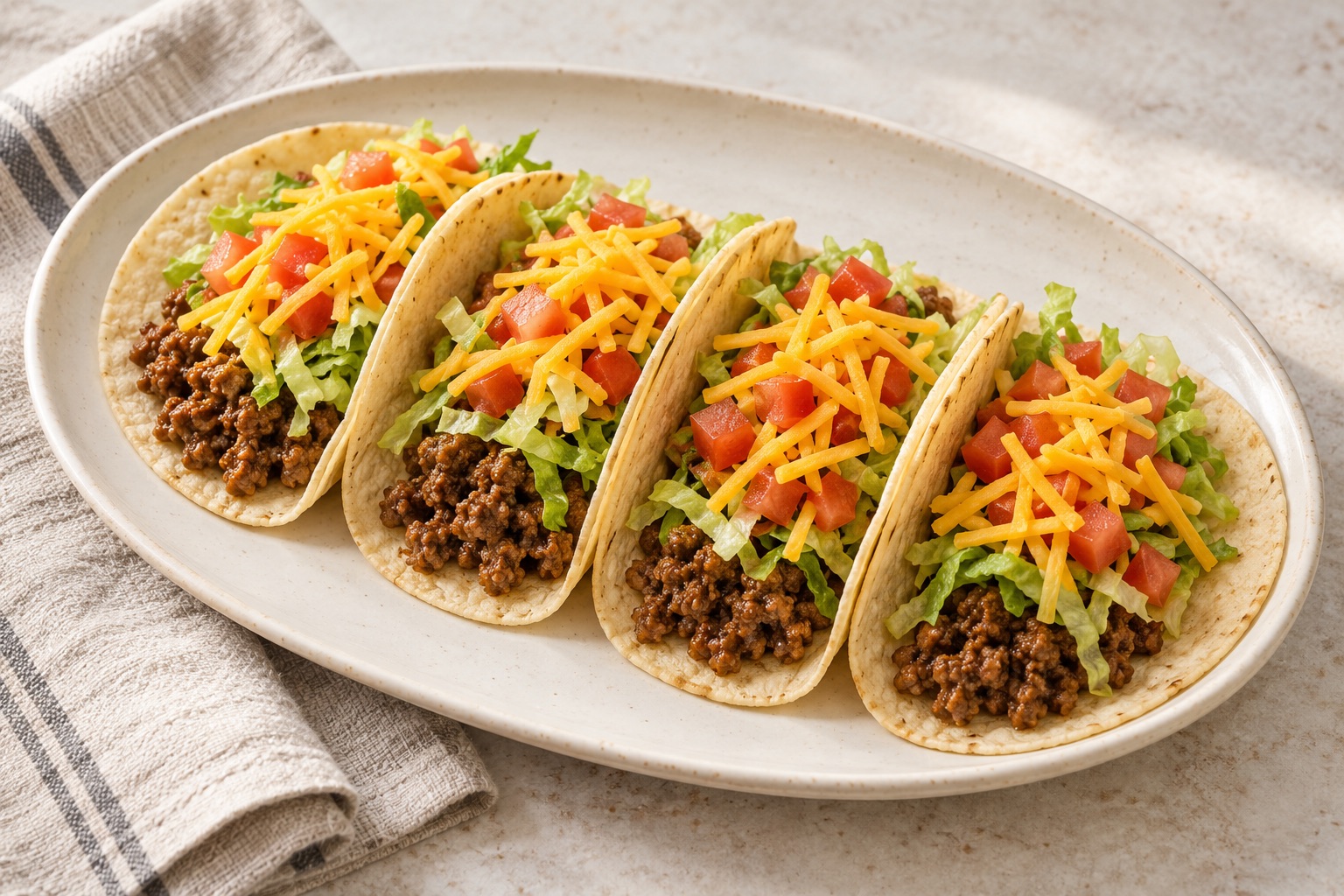 Illustration of soft corn tacos with ground beef, lettuce, tomato and cheddar.