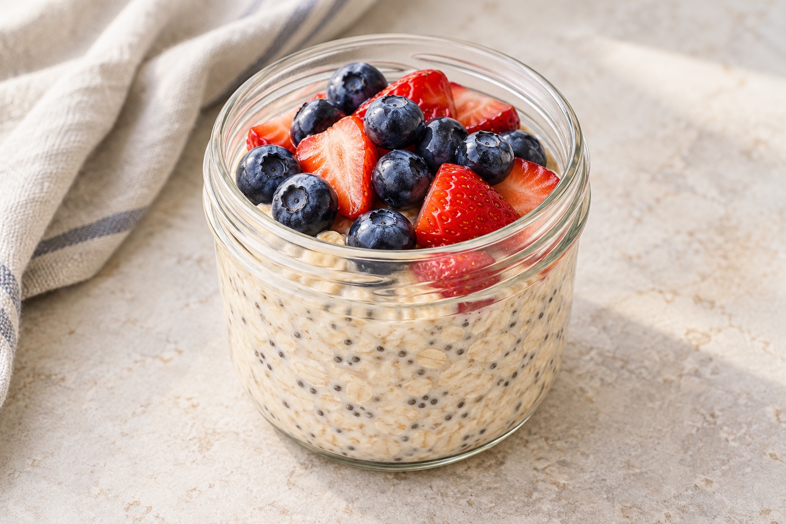 Illustration of creamy overnight oats with chia seeds, blueberries and strawberries in a glass jar.