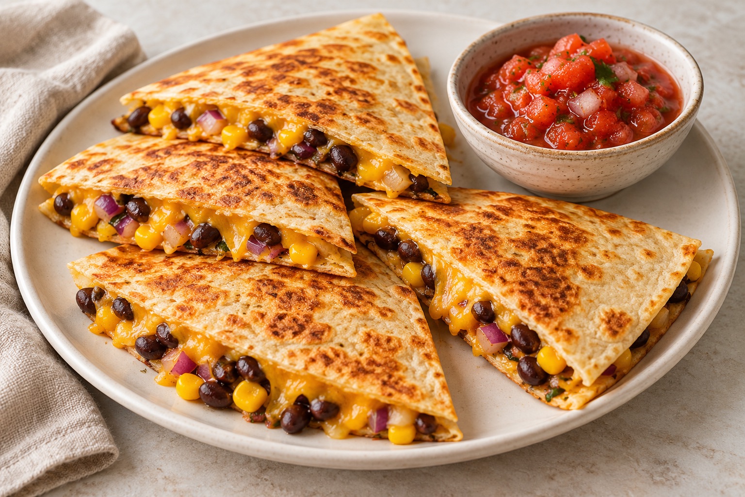 Illustration of golden flour tortilla quesadilla wedges filled with black beans, corn and cheddar, with salsa alongside.