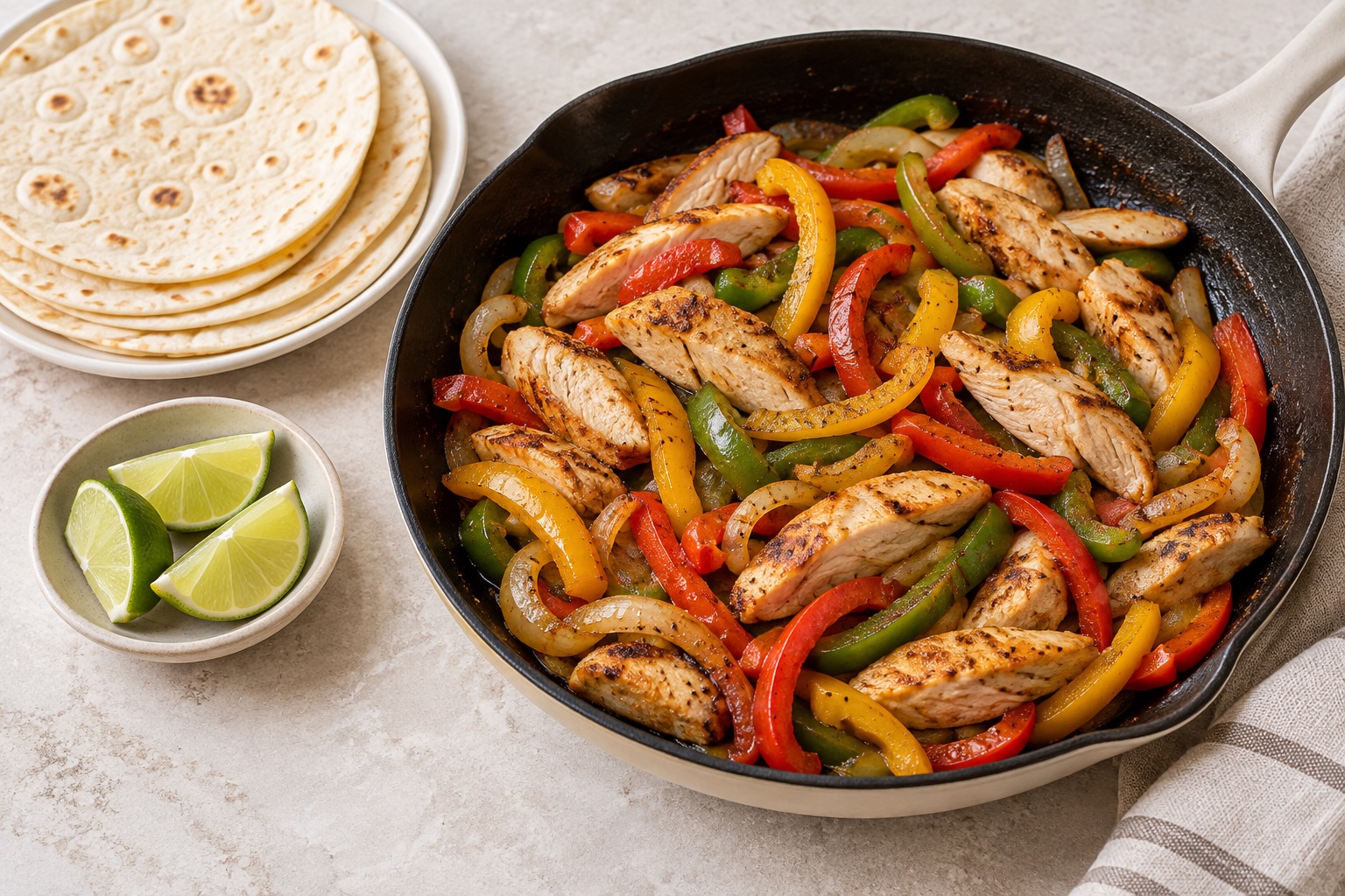 Illustration of chicken fajitas with bell peppers and onion, tortillas and lime alongside.