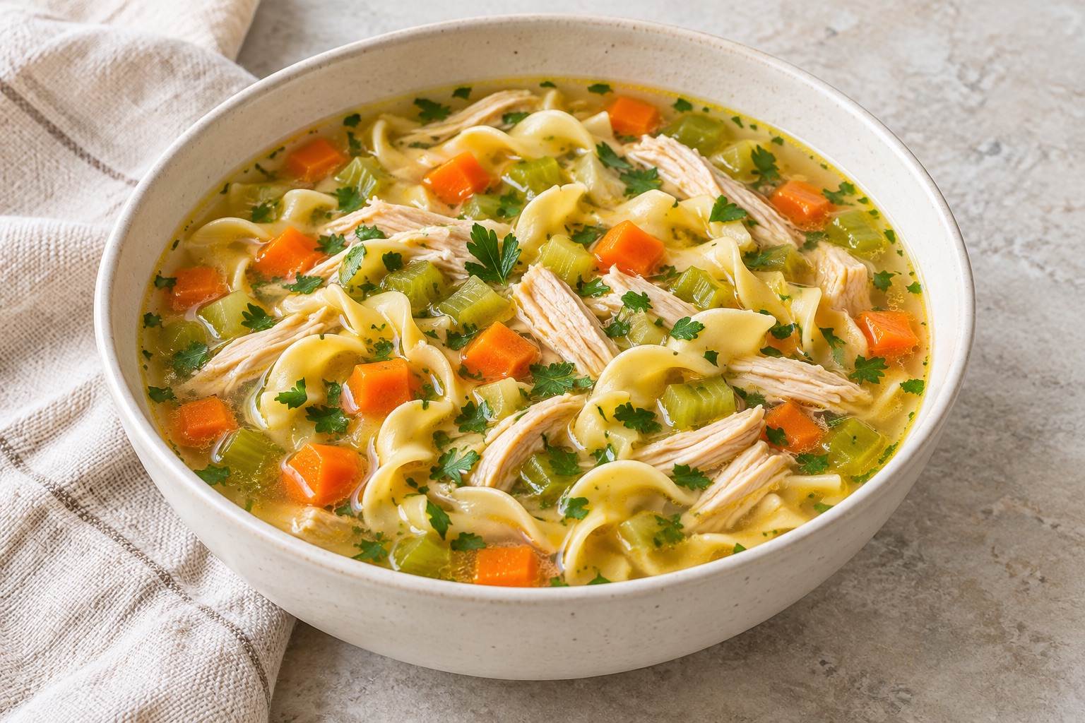 Illustration of chicken noodle soup with carrots, celery and parsley in golden broth.