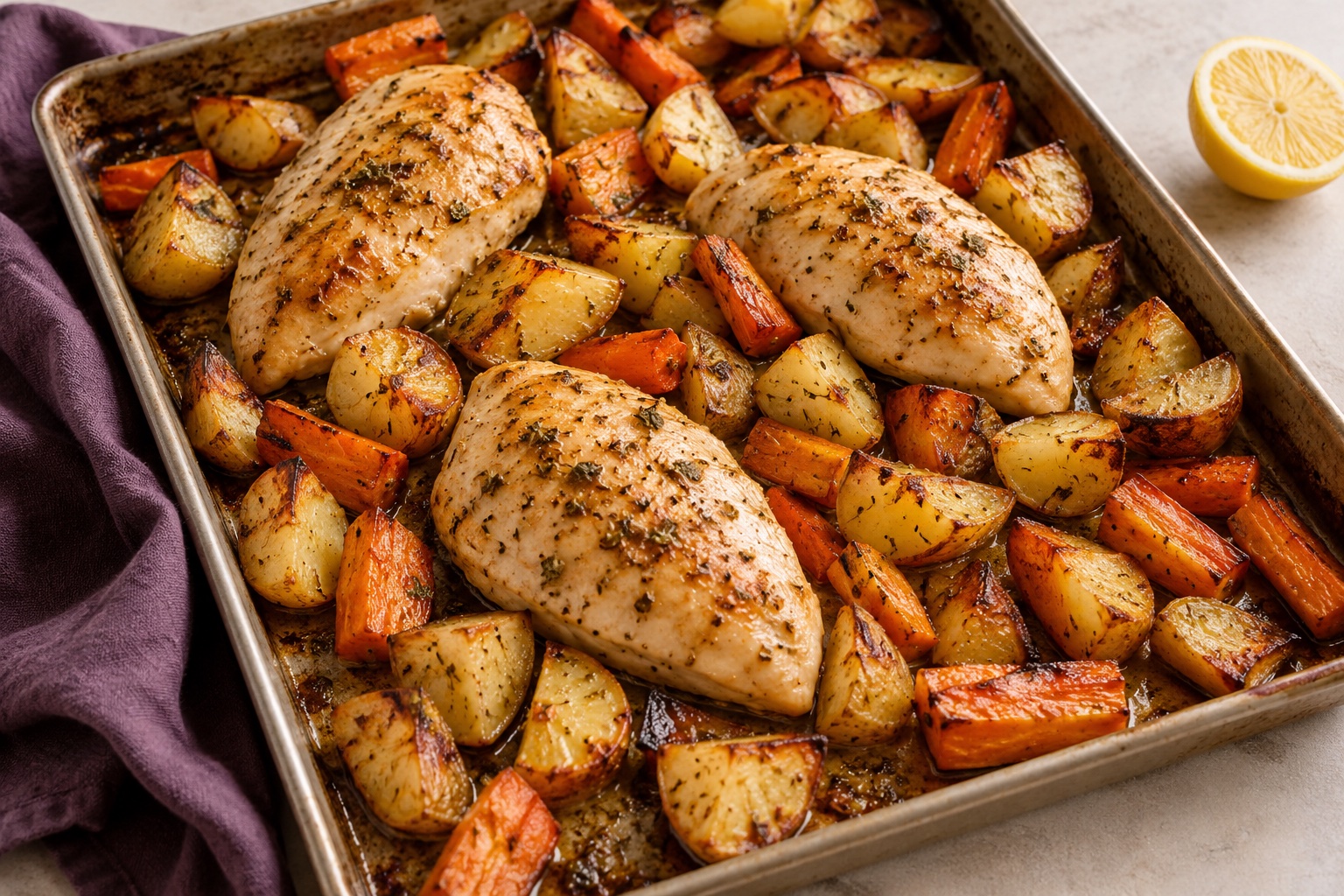 Illustration of roasted boneless chicken breasts with potato chunks and carrots on a sheet pan.