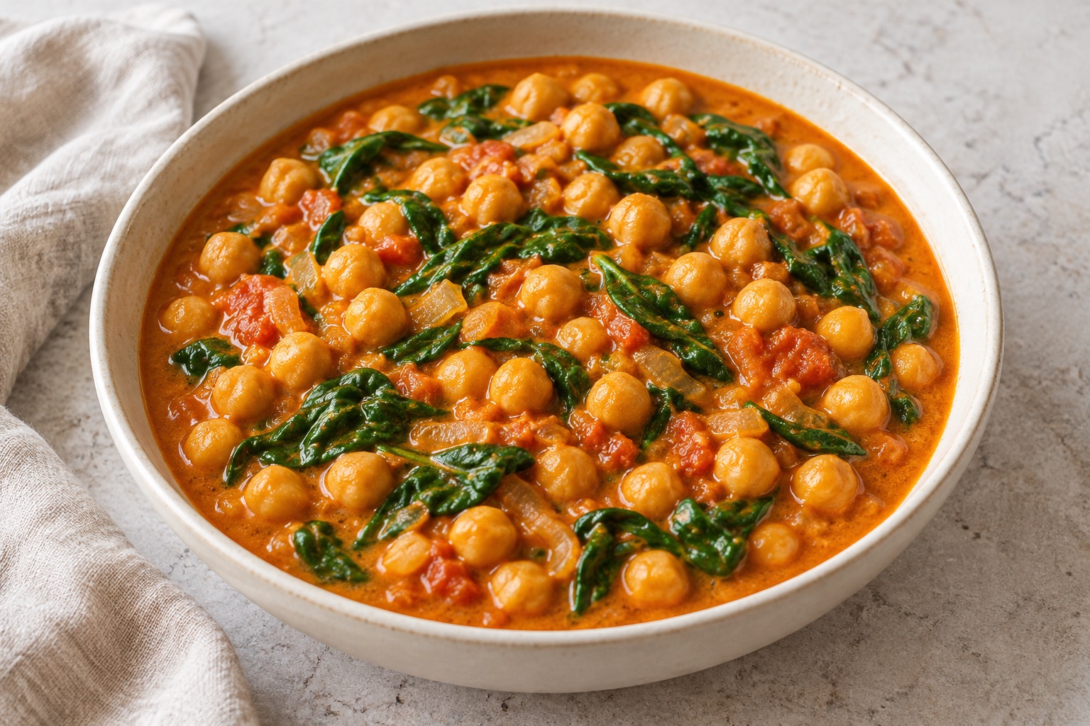 Illustration of chickpeas and wilted spinach in an orange coconut tomato curry sauce in an ivory bowl.