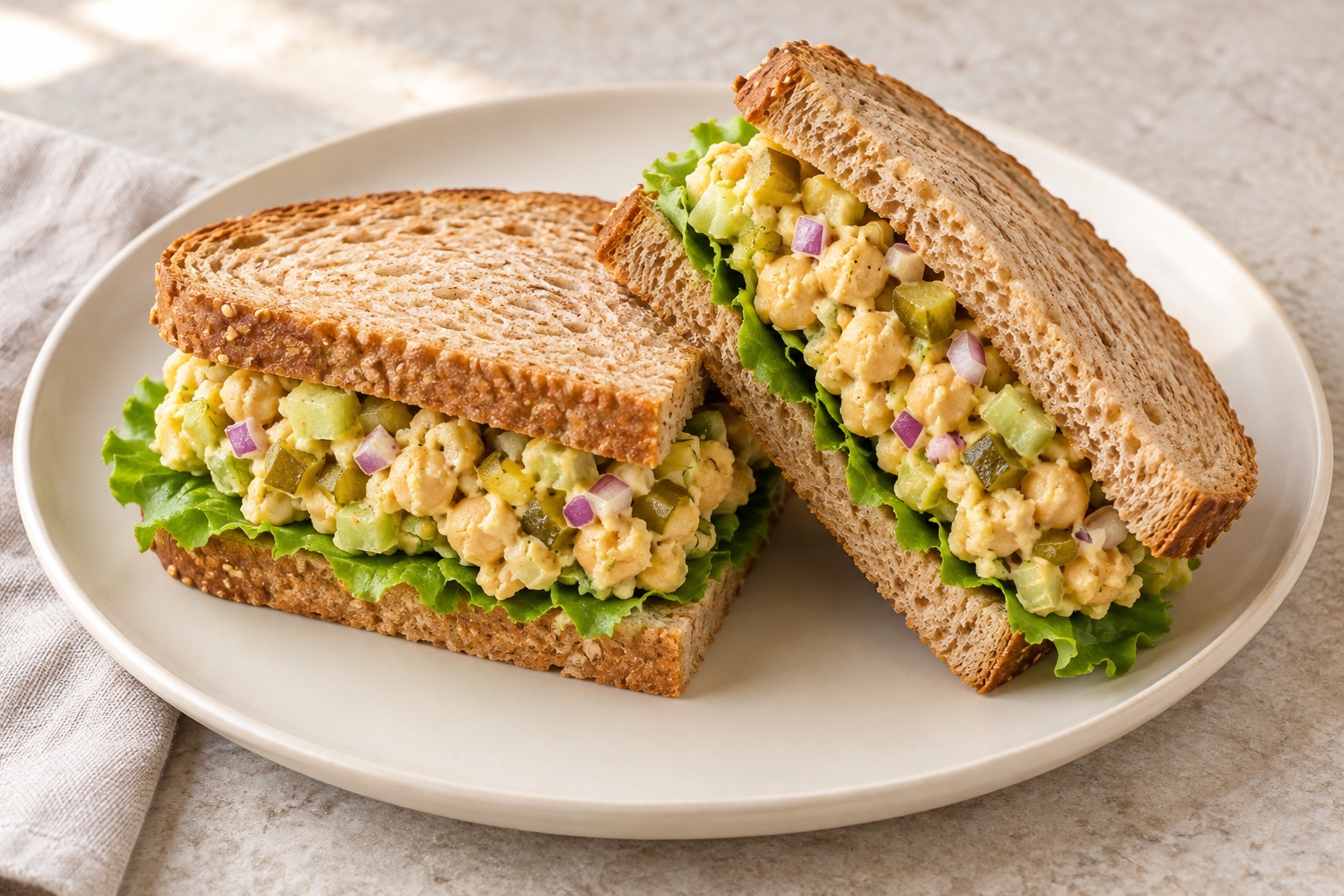 Illustration of a chunky chickpea salad sandwich with celery, pickles, red onion and lettuce.