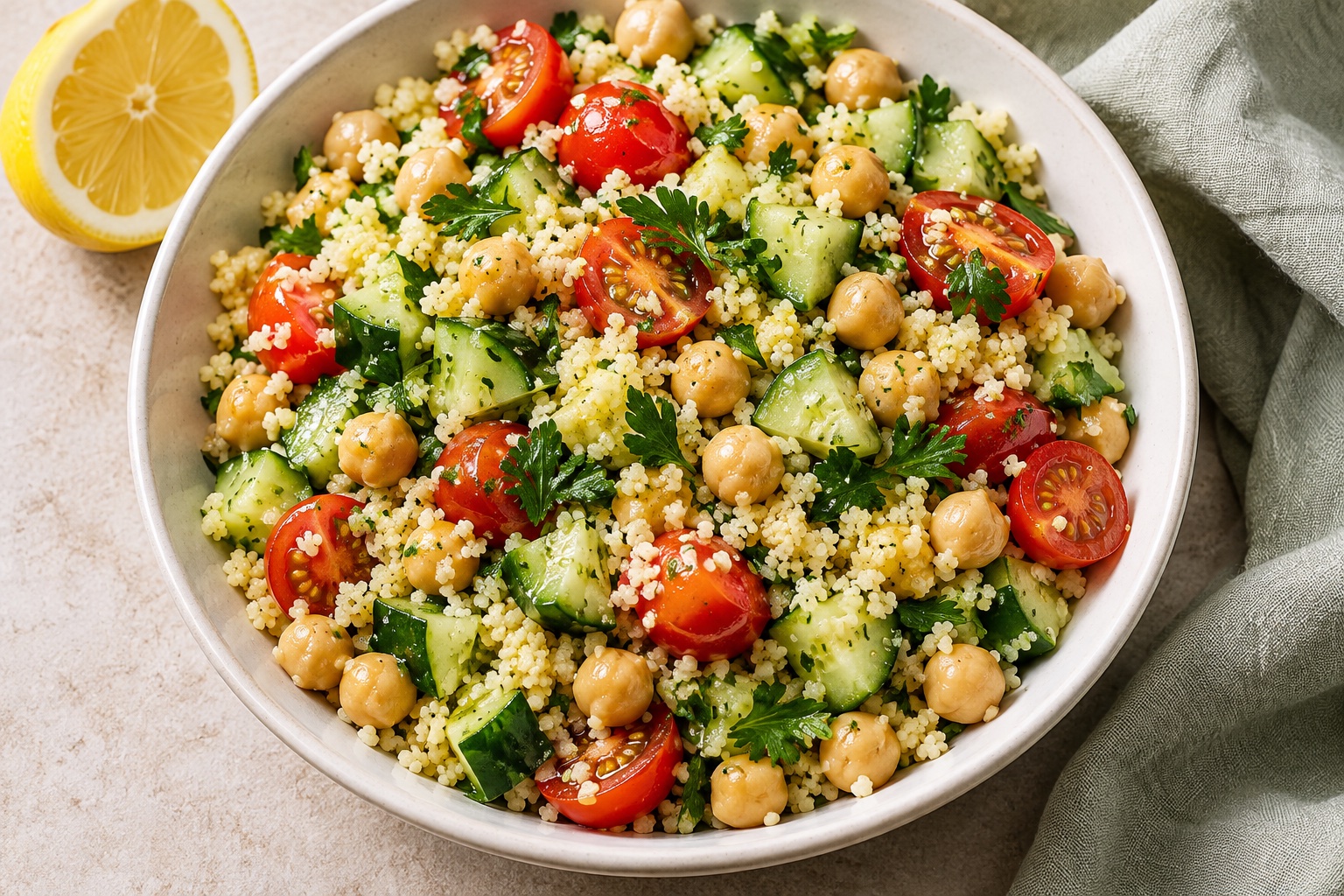 Illustration of fine couscous, chickpeas, cucumber, cherry tomatoes and parsley in a white bowl.