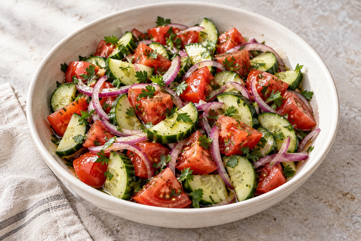 Illustration of cucumber, tomato and red onion salad with parsley and vinaigrette.
