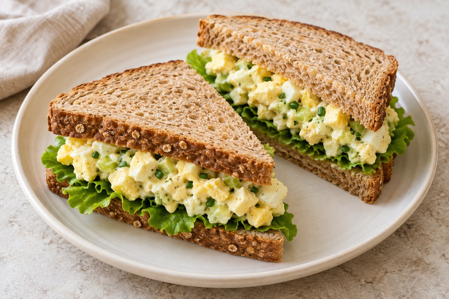 Illustration of an egg salad sandwich on whole wheat bread with lettuce.