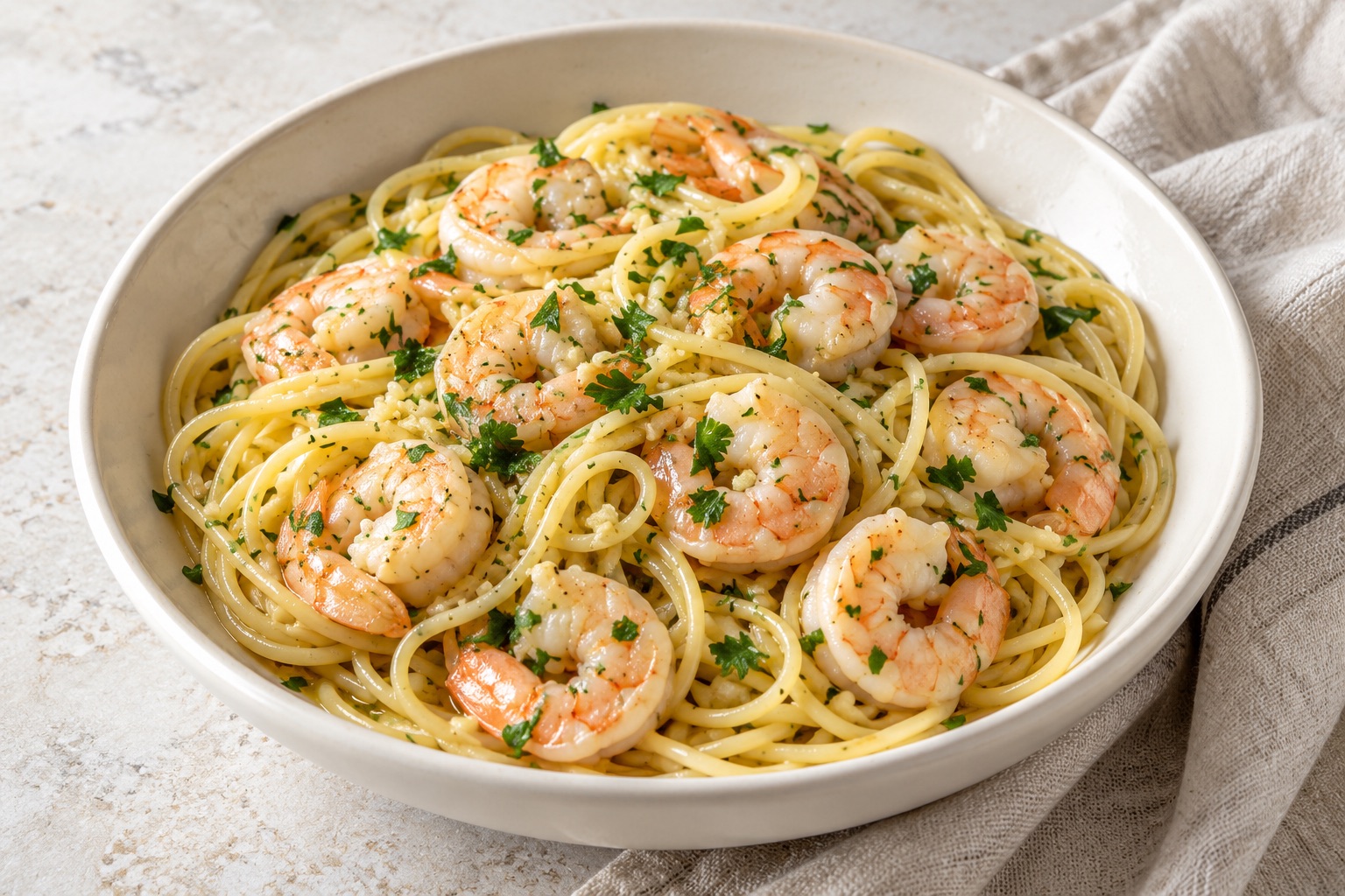 Illustration of spaghetti with cooked shrimp, parsley and a light lemon garlic sauce.