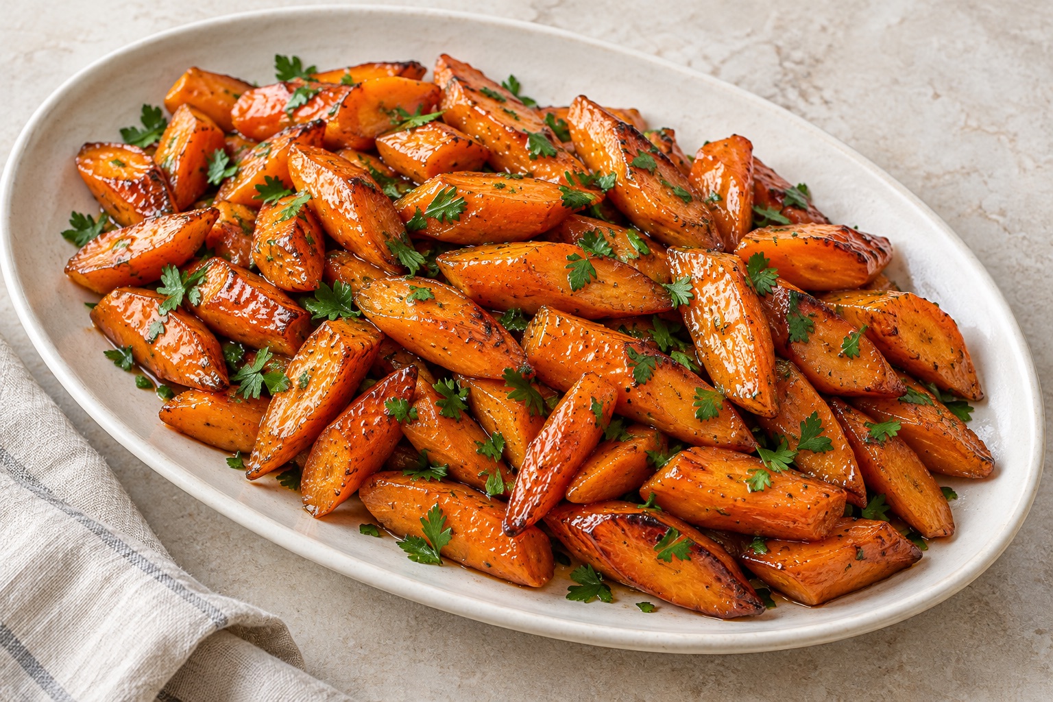 Illustration of honey-glazed roasted orange carrots with chopped parsley on an ivory platter.