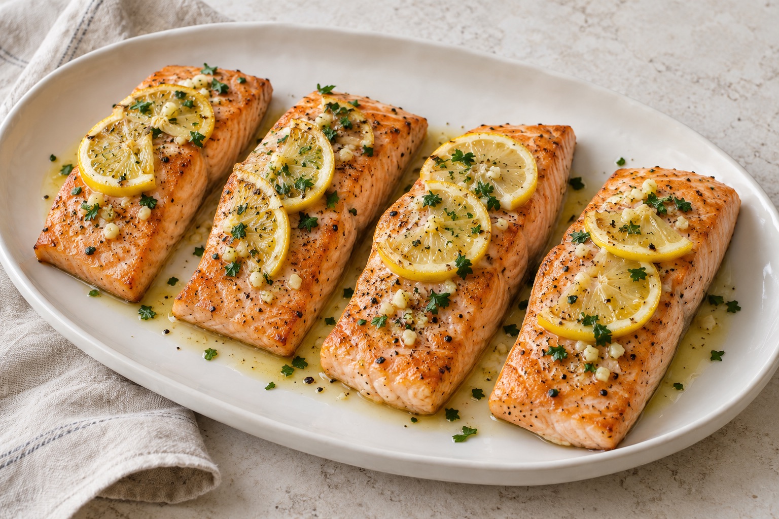 Illustration of four baked salmon fillets with lemon slices, garlic and parsley.