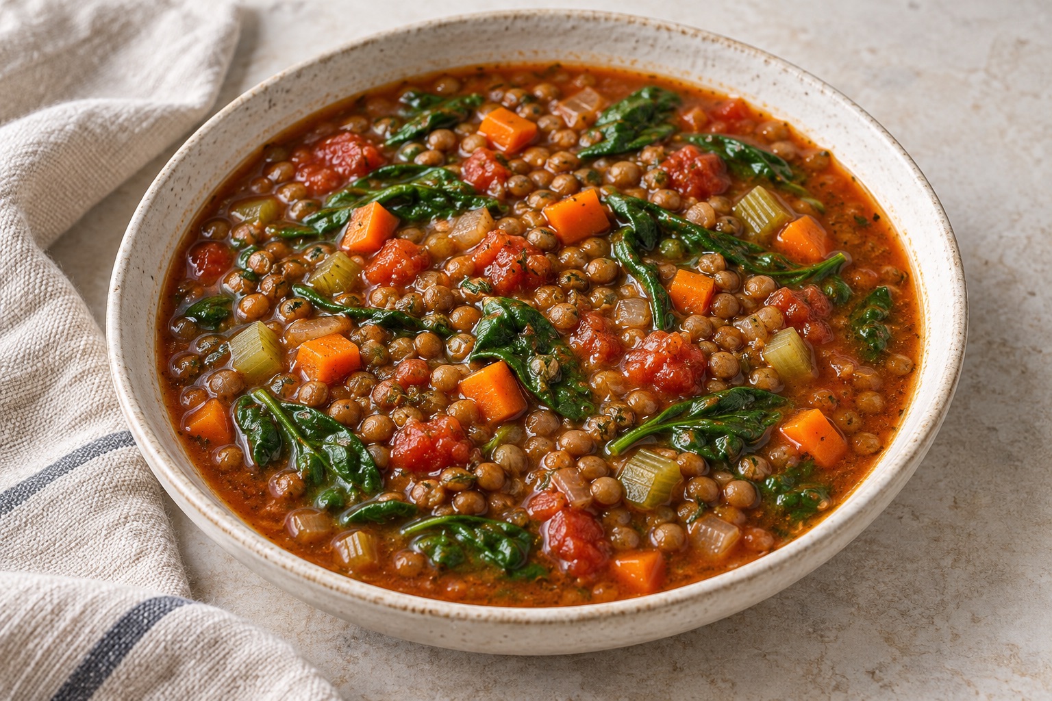 Illustration of brown lentil soup with tomatoes, carrots, celery and spinach in an ivory bowl.