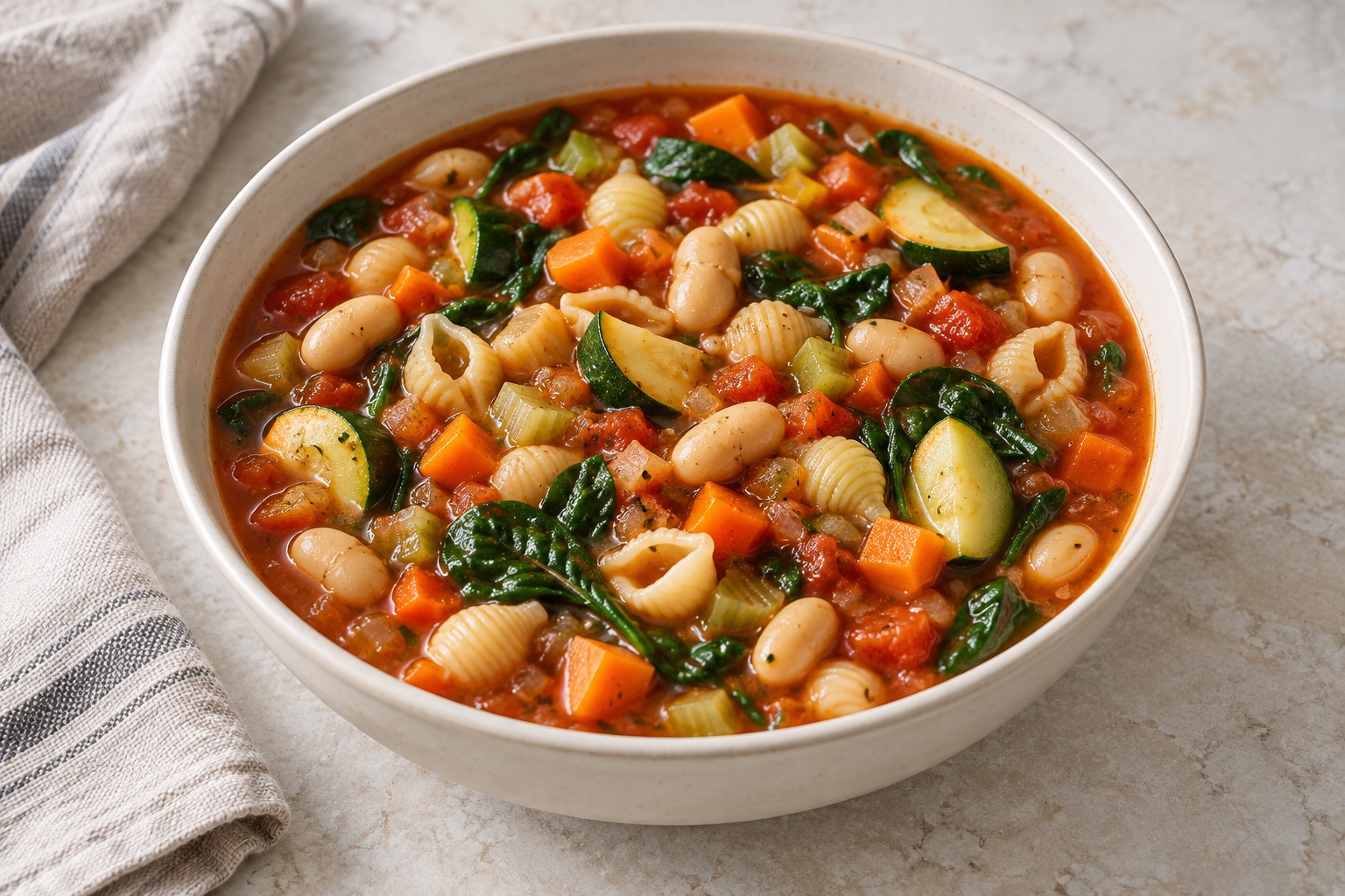 Illustration of minestrone with white beans, small pasta shells, zucchini, carrots, celery and spinach.