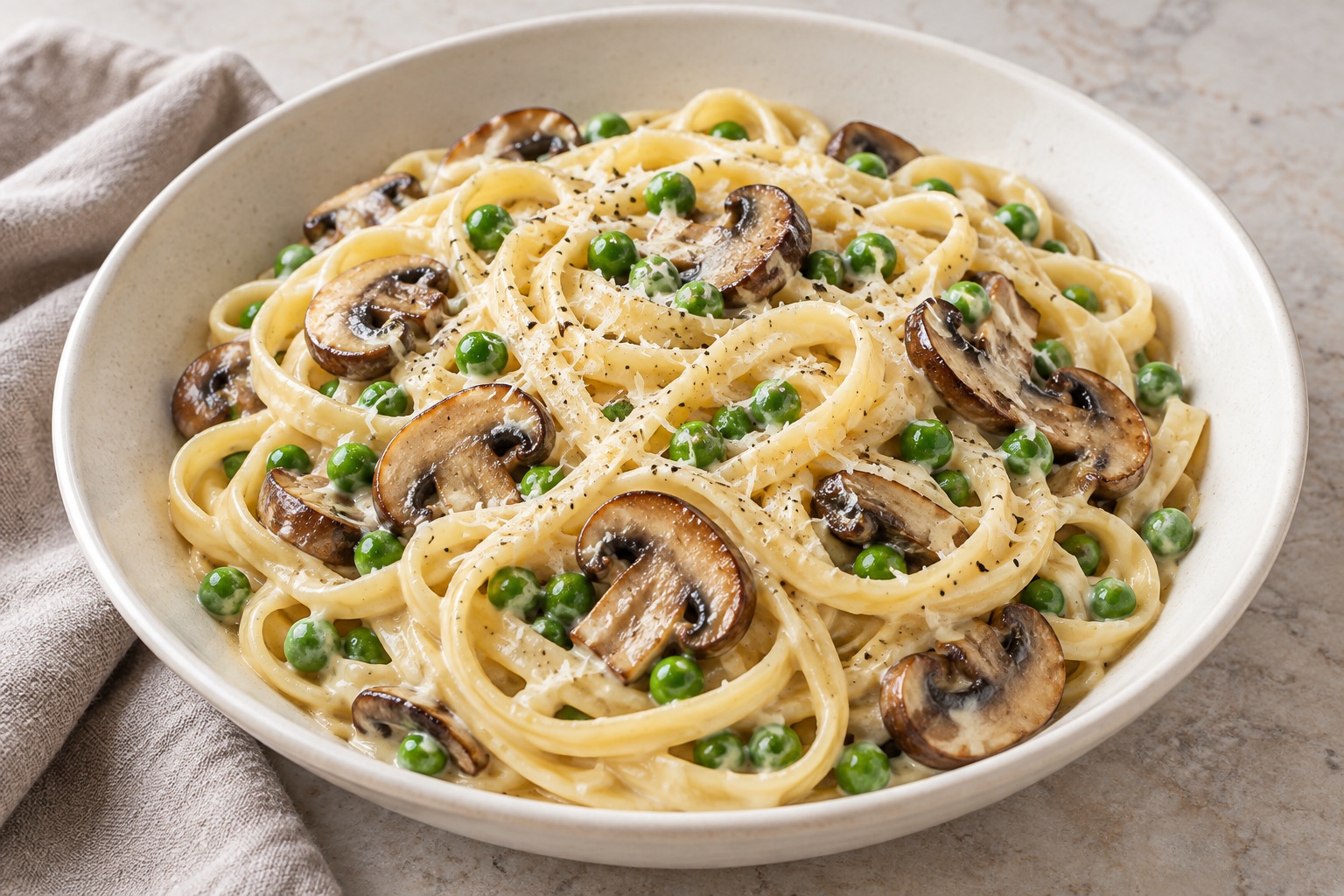 Illustration of fettuccine with browned mushrooms, green peas and Parmesan cream sauce.