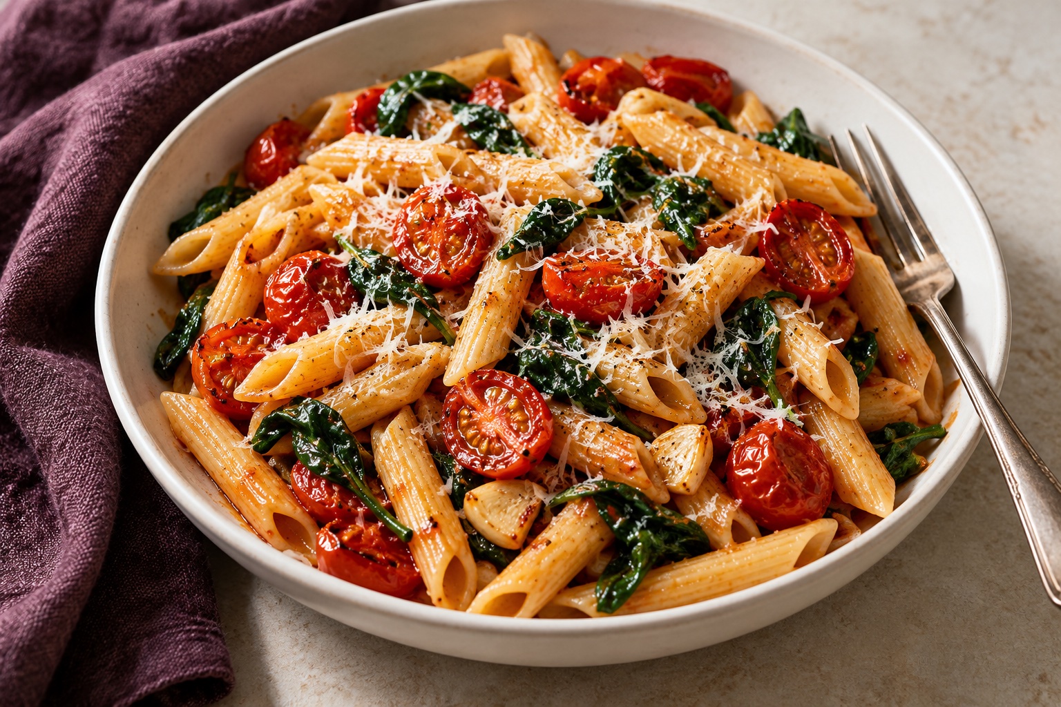 Illustration of penne with roasted tomatoes, wilted spinach and grated Parmesan in a white bowl.