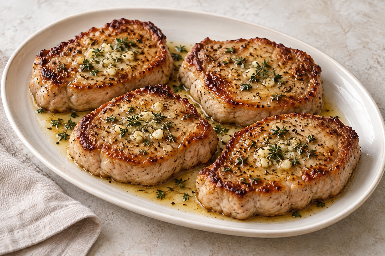 Illustration of browned boneless pork chops with garlic butter and thyme.
