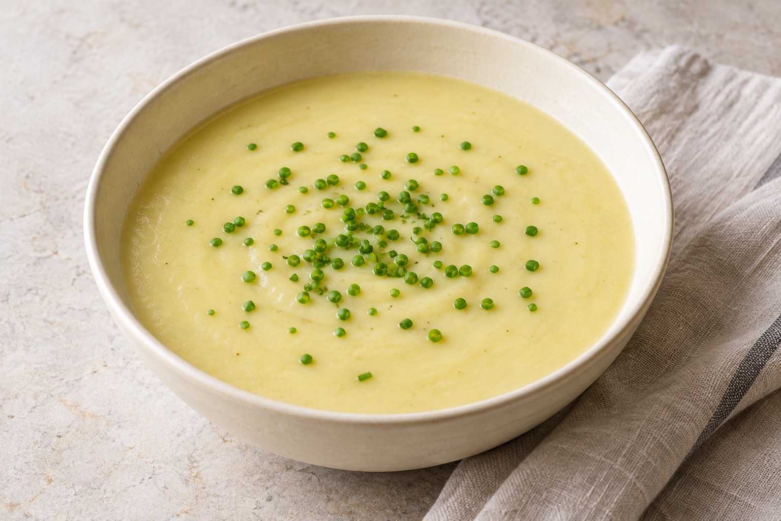 Illustration of smooth potato leek soup with chopped chives in an ivory bowl.