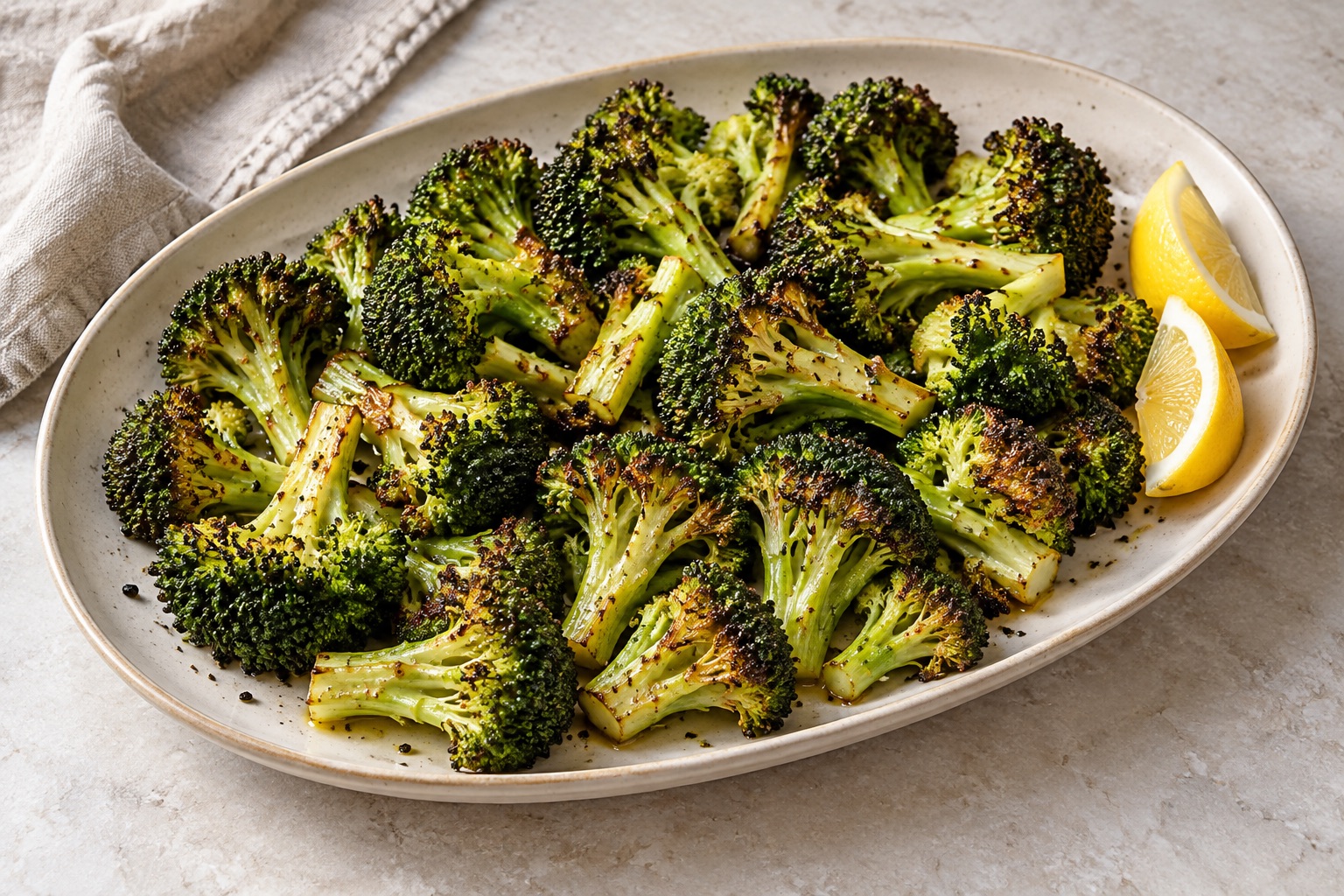 Illustration of roasted broccoli florets with browned edges and lemon wedges on a platter.