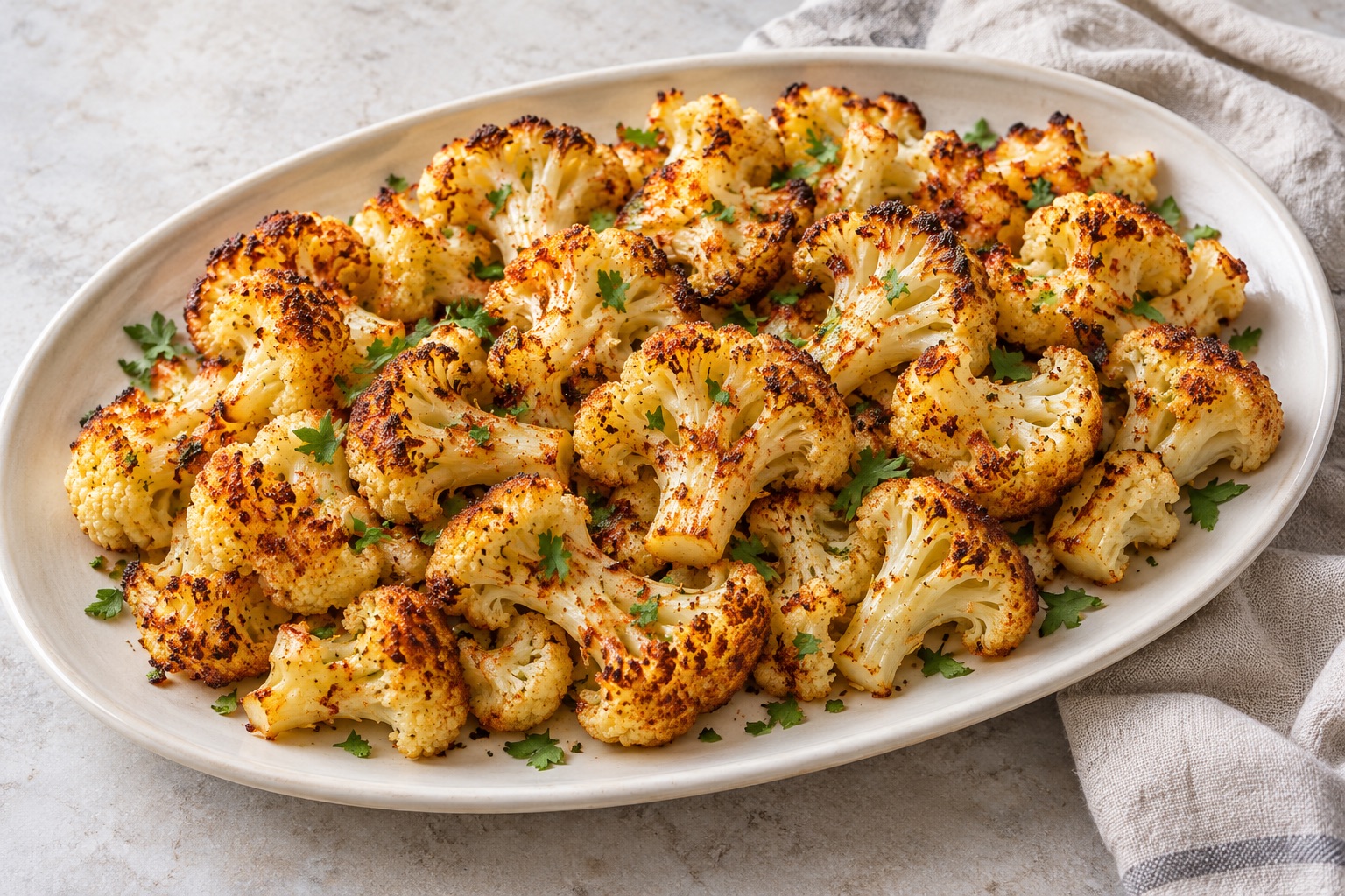 Illustration of golden roasted cauliflower with paprika and chopped parsley.