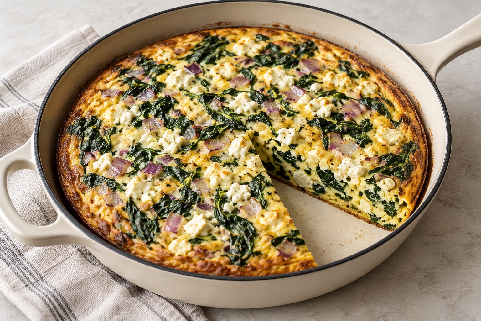 Illustration of a spinach, feta and red onion frittata with one wedge removed.