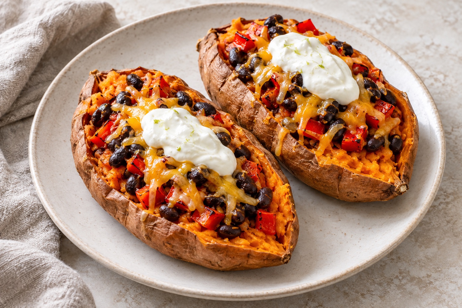 Illustration of split baked sweet potatoes topped with black beans, diced red bell pepper, cheddar and lime yogurt.