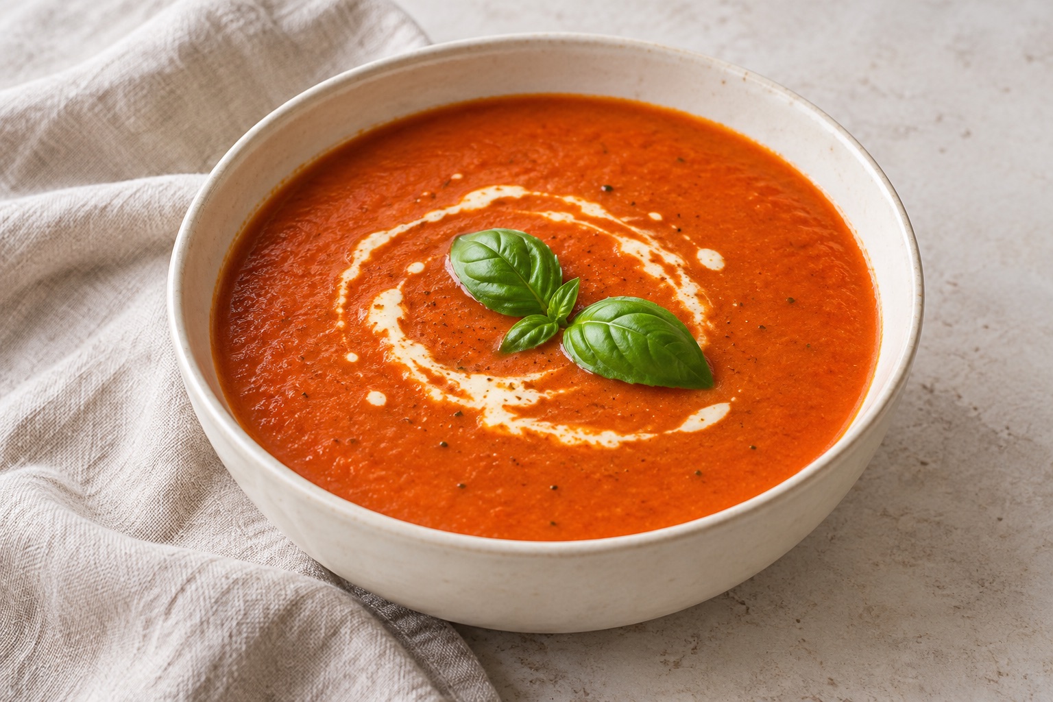 Illustration of smooth tomato soup with a small cream swirl and fresh basil.