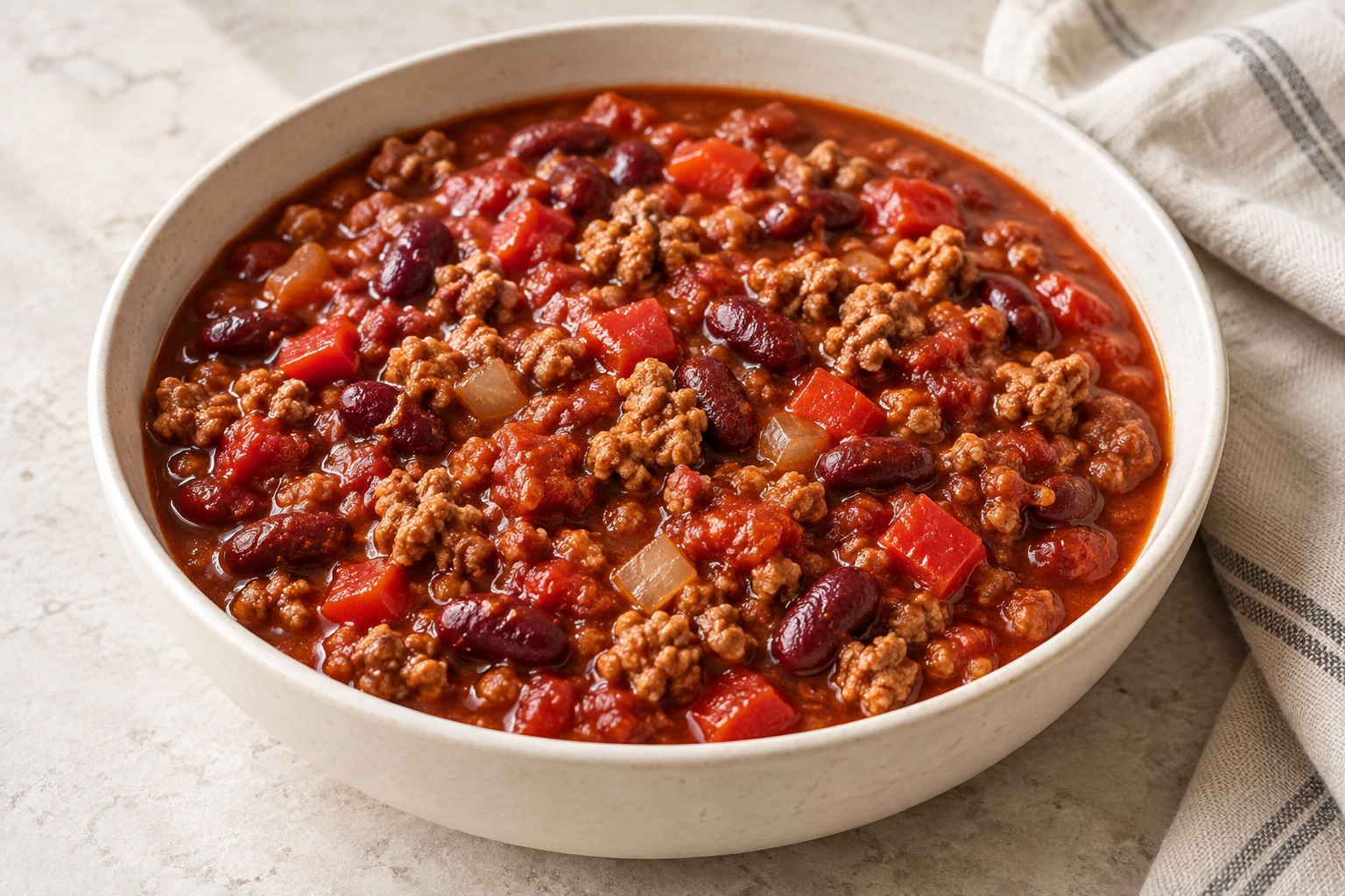 Illustration of ground turkey chili with red kidney beans and diced bell pepper.