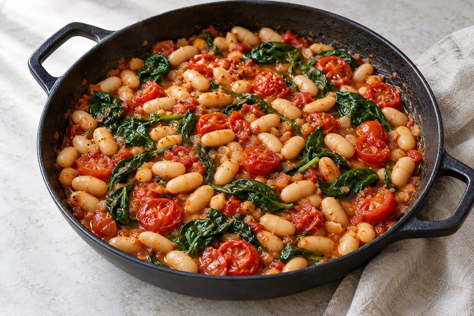Illustration of cannellini beans, softened cherry tomatoes and spinach in a skillet.